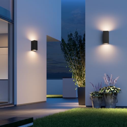 Klighten Pack of 2 Black Wall Light Outdoor Indoor Waterproof IP65 Modern Outdoor Wall Lamp Aluminium Square Outdoor Light Wall Up Down GU10 Socket Outdoor Wall Light Without Light Centre
