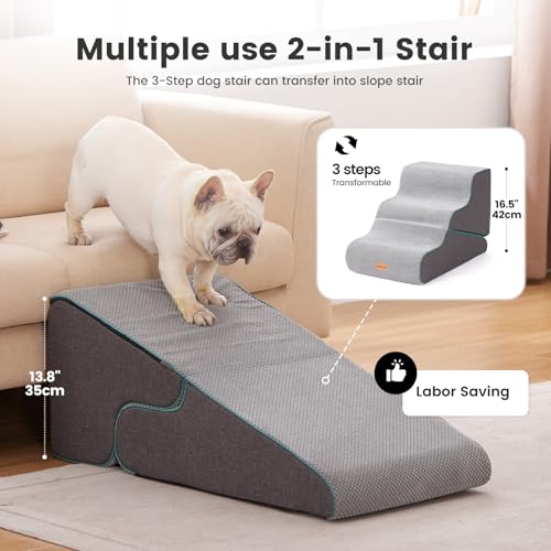 Gardner Pet 2-in-1 Dog Steps for Bed, Adjustable 3-Steps High Density Foam Dog Ramp for Sofa, Water Resistant Pet Stairs with Non Slip Bottom, Suitable for Puppy, Small Animals, Grey