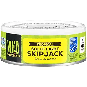 WILD SELECTIONS Tropical Solid Light Tuna in Water, Canned Tuna Fish, Wild Caught Tuna, High Protein Food, Keto Food and Snacks, Gluten Free Food, High Protein Snacks, 5 Ounce Cans (Pack of 12)