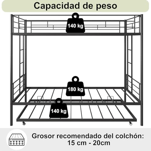 VirtuSync 200 x 105 cm Litera Individual con Cama Nido, Cama Triple para Adolescentes, Estructura Metálica Fuerte con Barandal Alto