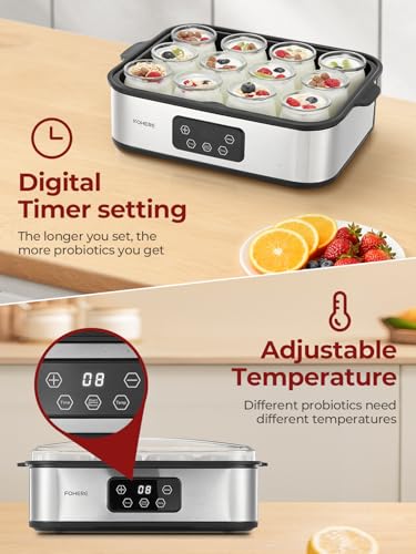 FOHERE Yoghurt Maker 25 W with 12 Glass Containers of 180 ml for up to 2.16 L Homemade Yogurt, Greek Yoghurt Machine with Temperature and Timer, LCD Display, Automatic Shut-Off, BPA-Free