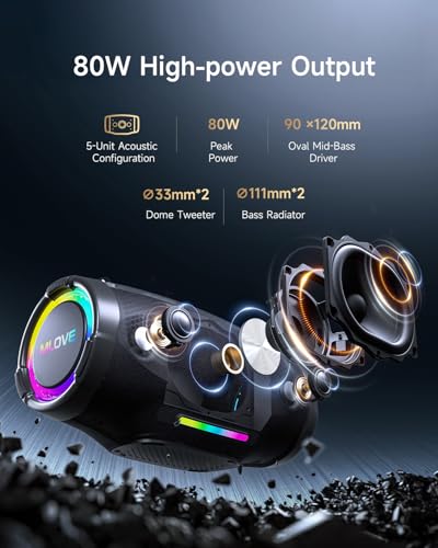 MLOVE E90 Altavoz Portátil Bluetooth Inalámbrico Impermeable RGB LED Luz True Wireless Stereo, Bluetooth 5.4, Micro-SD, Memoria USB, Jack 3,5mm, Carga Type C, Negro