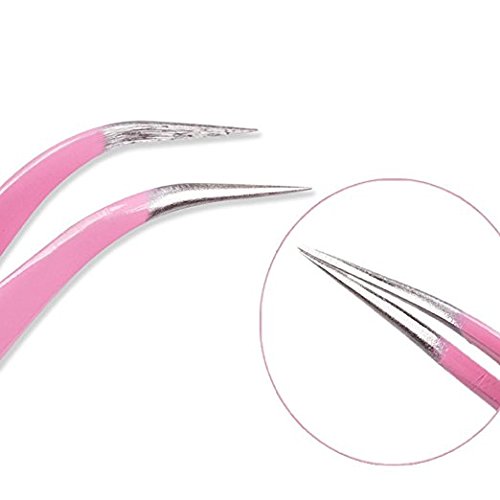 VNDEFUL 2 Pcs Pink Stainless Steel Tweezers for Eyelash Extensions, Straight and Curved Tip Tweezers Nippers, False Lash Application Tools