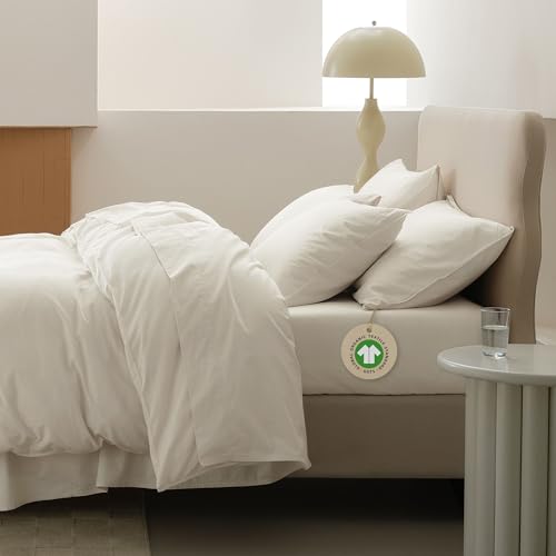 Photo 1 of Double Stitch Organic Cotton Sheets Cal King Size - Soft & Breathable Sheet Set 4 Piece, Luxury 300 TC Sateen Weave Bedding, 100% GOTS Certified Long Staple Cotton, Made in India, Coconut Milk