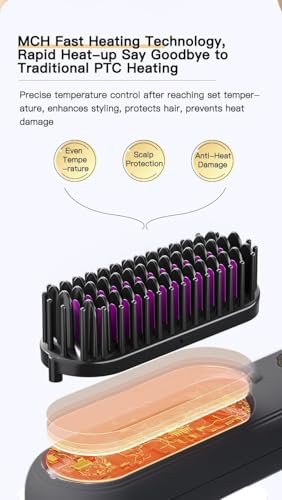 Portable Cordless Hair Straightener Brush, 200M Ionic Care Thermal Comb with Anti-Scald Ceramic Plate and 3 Temperature Setting, for Women (Black)