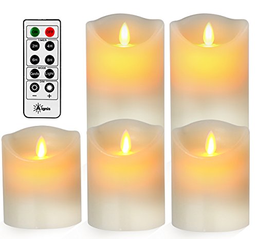 Aignis Flameless Candles, Battery Candles Realistic Moving Flame Set of 5 (D3.25 xH44466) Flickering Candles with 10 Key Remote Timer (Ivory)