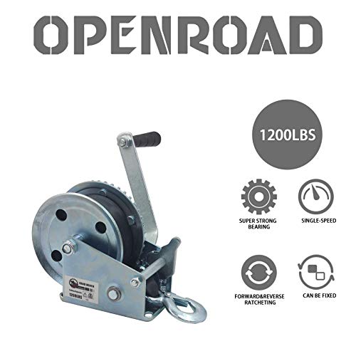 OPENROAD 1200lbs Hand Winch Boat Winch Black Strap Hand Crank Winch