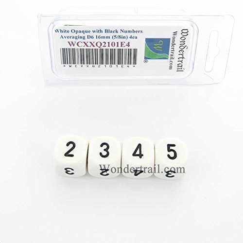 White Opaque Dice with Black Numbers D6 Averaging Dice 16mm (5/8in) Pack of 4 Wondertrail