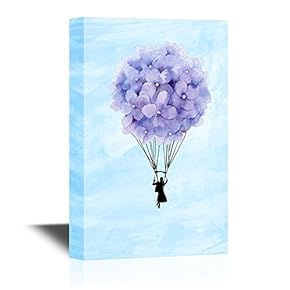 Canvas Wall Art - Man Flying with Purple Flowers Balloon Creative Flying Concept - Gallery Wrap Modern Home Art | Ready to Hang - 12x18 inches