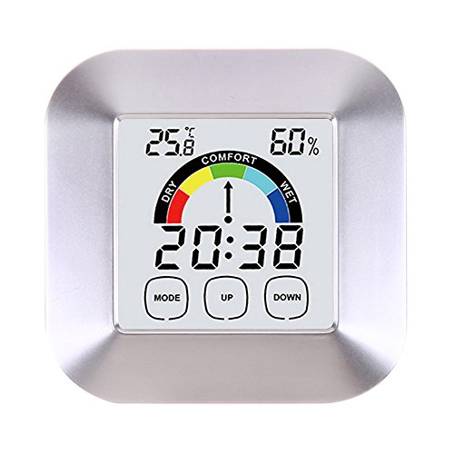 Color Electronic Clock Screen Control Thermometer Round Home Digital Hygrometer Indoor Humidity,Indoor Outdoor Thermometer Digital Hygromete,Weather Thermometer Monitor for Home,Car,Office (Silver)