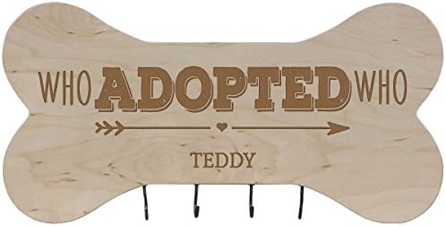 Personalized Who Adopted Who Wall Mounted Dog Bone Pet Leash Rack,Dog Collar Holder New Home Decor Gift ideas and 4 hooks 16" L x 8" H 2.5." deep by Rooms Organized (Maple)