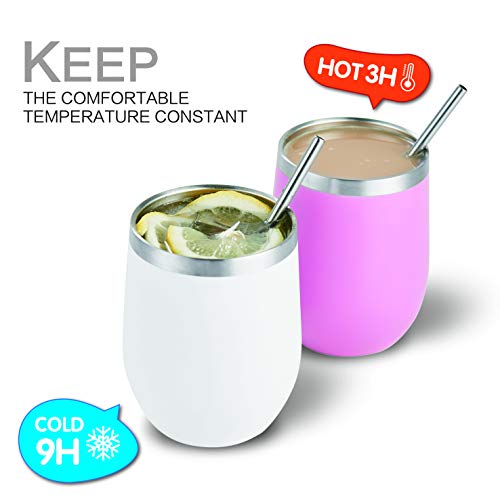 HITSLAM Wine Tumbler 12oz Stainless Steel Tumbler Vacuum Insulated Wine Glass Double Wall Coffee Mug for Champaign, Beer, Office use includes Straw Lid, Straw, Cleaning Brush (Purple)