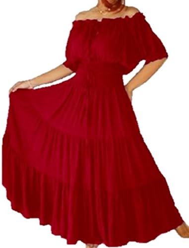 Women's Boho Dress Mexican Peasant Smocked Drawstring Tie-Off Shoulder A7580
