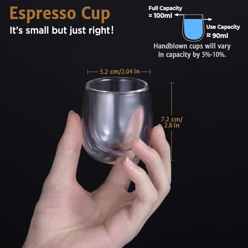 glastal 4 x 100 ml (4 oz) Glass Coffee Cups, Double Walled Transparent Espresso Glasses, Borosilicate Glass Cups for Tea, Coffee