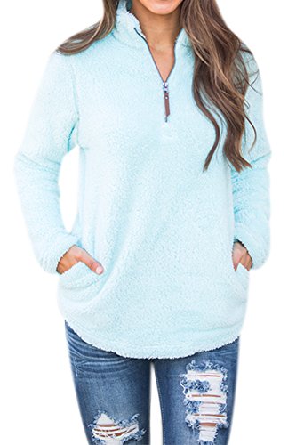 Women Solid Color Sherpa Sweatshirts Fleece Zipper Long Sleeve Top Light Blue L