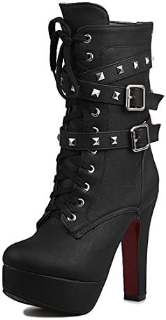 Odetina Women's Sexy Lace-Up Zipper Buckle Strap Chunky High Heel Platform Mid Calf Punk Boots with Rivet Stud