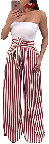 Women's Wide Legges Stripped Empire Waist Lace Up Waistband Trousers Pants By Dressit