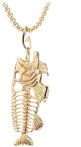 Mens Fish Bone Fishbone Stainless Steel Punk Pendant Necklace (Gold)