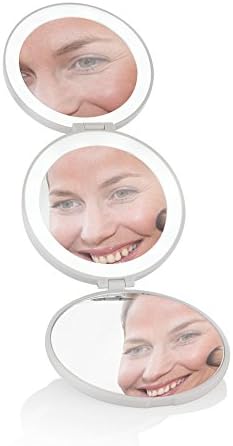 Lighted Magnifying Makeup Mirror with Adjustable LED Lights and 5x and 10x Magnification for Cosmetic Application – Perfect Foldable Compact Travel Size for Purse by NAL (White)