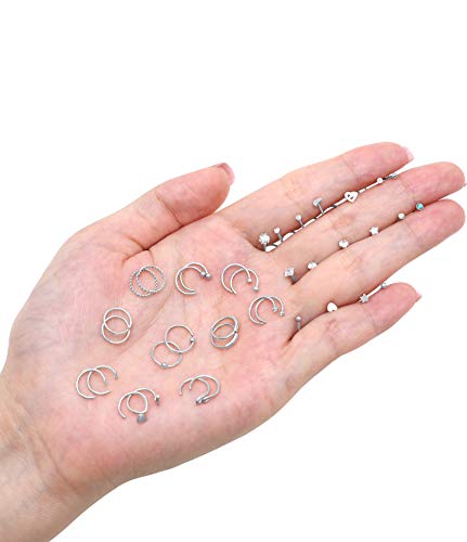 Tornito 20G 38Pcs Stainless Steel Nose Screw Studs Rings CZ Hoop Tragus Cartilage Nose Ring Labret Nose Piercing Jewelry for Men Women (A01:38Pcs, Silver Tone)