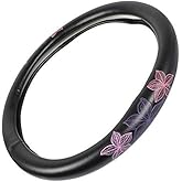 BDK GripGrab Comfort Grip - Purple & Pink Flowers Design on Black Synthetic Leather Steering Wheel Cover 15