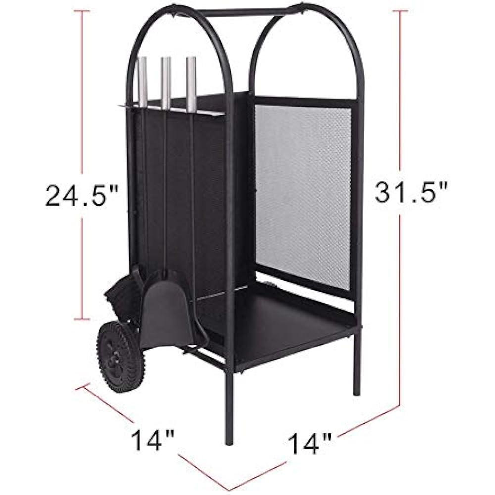 Firewood Rack Log Cart With Large Wheels, Mover 3 Fireplace Tool Set