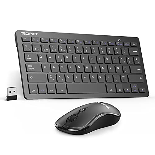 TECKNET Silent Wireless Keyboard, Mini Ergonomic Keyboard and Mouse Ultra Thin, Working Distance of 15 M, 2.4G Mini Portable Keyboard for PC/Smart TV/Computer (Spanish, with Ñ)