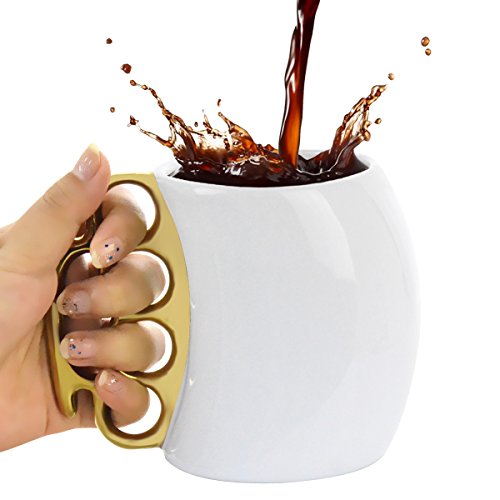 Funny Coffee Mug,Brass Knuckle Duster Creative Ceramic Cool White Mugs with Golden Handle
