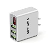 3-Port USB Wall Charger with LED Display, SOONHUA 5V/3A Portable Phone Quick Charger Voltage Current Monitor AC Adapter With Smart Charging technology for iPhone, iPad,Samsung and More (White)