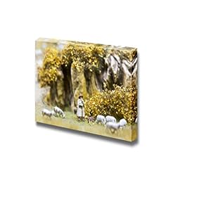 Shepherd and Sheeps on Yellow Background