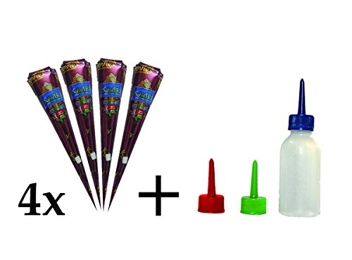 Applicator Bottle 40 ml for Henna, Jagua, Paint and More 0.3mm, 0.5mm and 0.7mm tips and 4 kavri