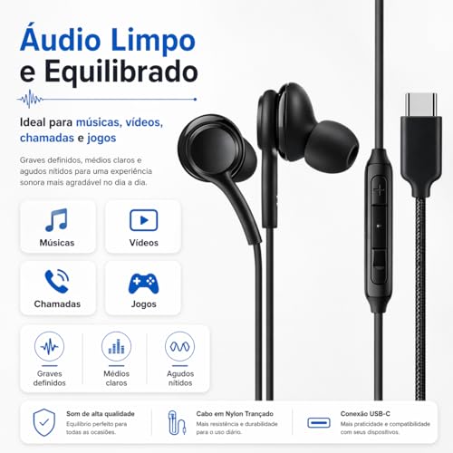 Fones De Ouvido Com Fio Tipo C Intra Auricular Microfone Integrado Compativel iPhone 15 15 Pro 15 Pro Max 16 16 Pro Max Com Fio Fones Estéreo Compatíveis ANDROID LG Qualidade Premium