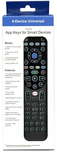 4-in-1 Advanced Smart Universal with Macro, Learning, Backlight, Netflix & Apps Keys for All TVs, Roku Player, BluRay Player, Audio System, Xbox, Apple TV and More – Universal Remote Control RRU401.3