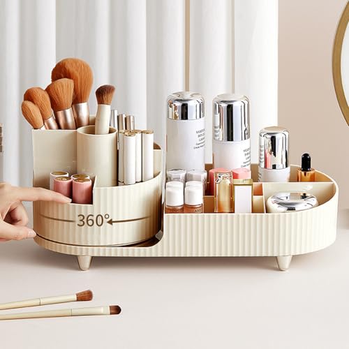 Zufudo Makeup Organizer for Vanity 360 Rotating Plastic Makeup Brush Holder Large Cosmetic Skincare Organizer for Lotion Lipstick, Model 8056 Cream