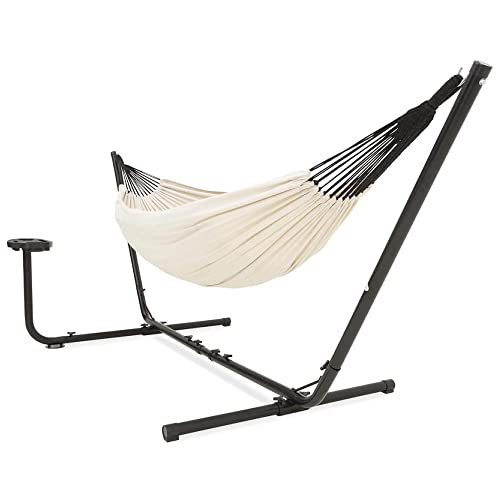 Vita5 Hammock with Stand - Adjustable Frame 290-330cm - Large 80% Cotton 20% Polyester Hammock for Garden, Patio, Balcony and Camping - Portable with Carry Bag