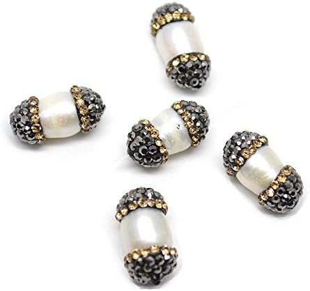 Flourishbeads Natural Fresh Water Pearl Potato Tube Loose Beads Double Size Paved Black Glass Pack of 5pc