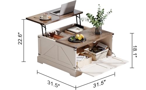 ChooChoo Farmhouse Coffee Table with Hidden Storage, Large Square Center Coffee Table with Lifting Top and Flip Drawer, Wood Rustic Cocktail Coffee Table for Living Room, Soft White