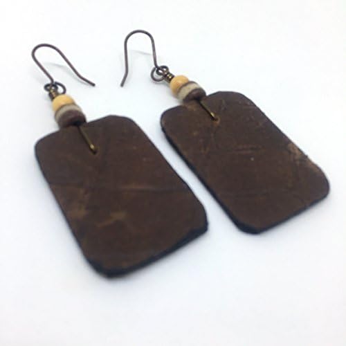 Leather Small Rectangle Disk Earrings With Croc Print - Brown With African bead and Bamboo Bead at the top. Antique Copper ear wires