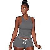 OVERMAL Women 2 Piece Set Sleeveless Split Casual Short Pants Casual Outfit Sportswear (XL, Gray)