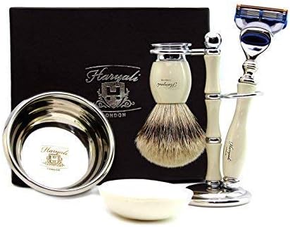 Haryali London, 5 pcs Shaving Set for Men, Badger Shaving Brush Set including 5 Edge Razor, Shaving Stand and Bowl Set
