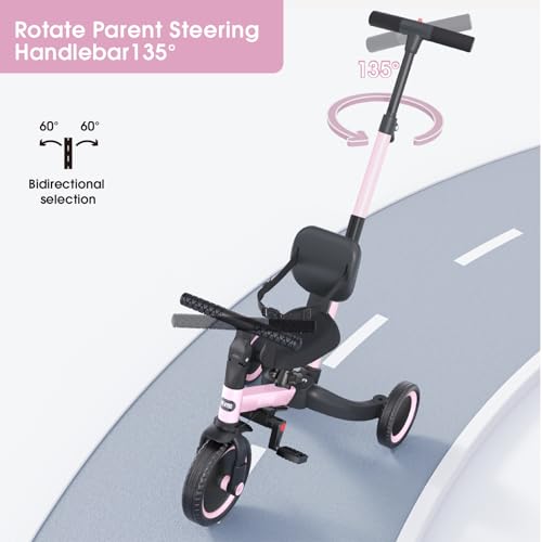 newyoo Toddler Tricycle,Toddler Bike,Birthday Gifts and Toys for 1-3 Year Old Boys and Girls, Trike with Push Handle, Backrest and Safety Belt, Balance Bike, TR007, Pink
