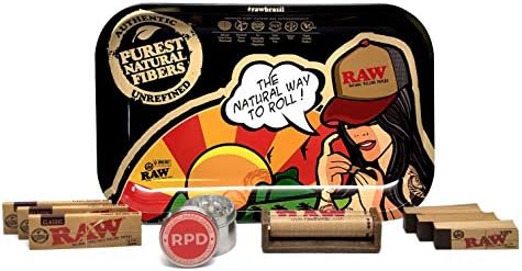 RAW Rolling Tray Small (Brazil), Natural 1 1/4 Rolling Papers (3 Packs), 79mm Cigarette Roller, Tips (3 Packs), and Rolling Paper Depot 42mm 4 Piece Grinder - 9 Items - Bundle
