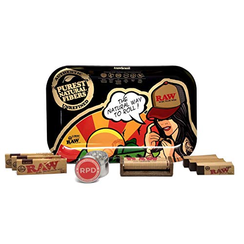 RAW Rolling Tray Small (Brazil), Natural 1 1/4 Rolling Papers (3 Packs), 79mm Cigarette Roller, Tips (3 Packs), and Rolling Paper Depot 42mm 4 Piece Grinder - 9 Items - Bundle