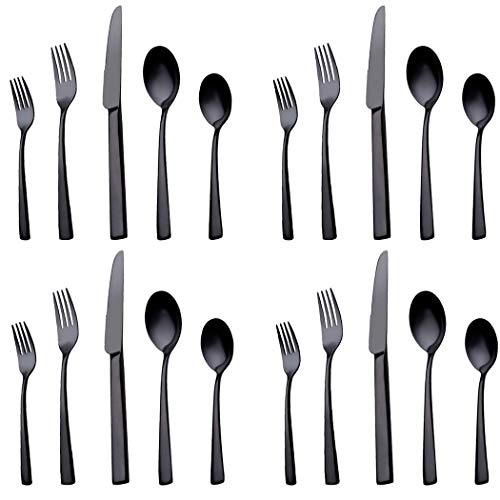 20-Piece Stainless Steel Flatware Silverware Set Service for 4 Dinnerware Mirror Polished Include Knife/Fork/Spoon Dishwasher Safe (Black)