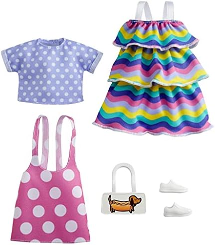 Barbie Fashions 2 Pack Clothing Set, 2 Outfits Doll Include Pink Polka Dot  Jumper, Purple Polka Dot Top, Striped Dress & 2 Accessories, Gift For Kids  3 To 8 Years Old, White,