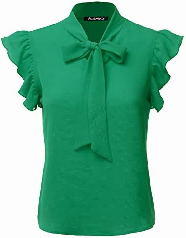 FASHIONOLIC Women's Casual Short Sleeve Ruffle Bow Tie Blouse Top Shirts (Made in USA) (S-3X)
