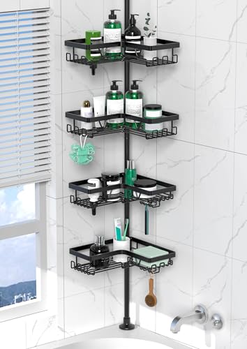 Cooeco Shower Caddy Corner - Telescopique Bathroom Shelf from 25 to 114 Inches, Rustproof Shower Caddy with 4 Baskets, No Drilling