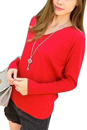 Women's Loose Batwing Sleeve Big V-Neck Pullover Cashmere Wool Sweater(Red,XL)