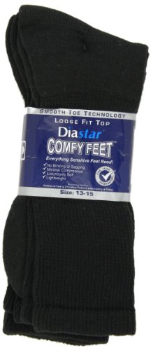 Diastar Comfy Feet Diabetic Socks, Black, 13-15, 3 pack