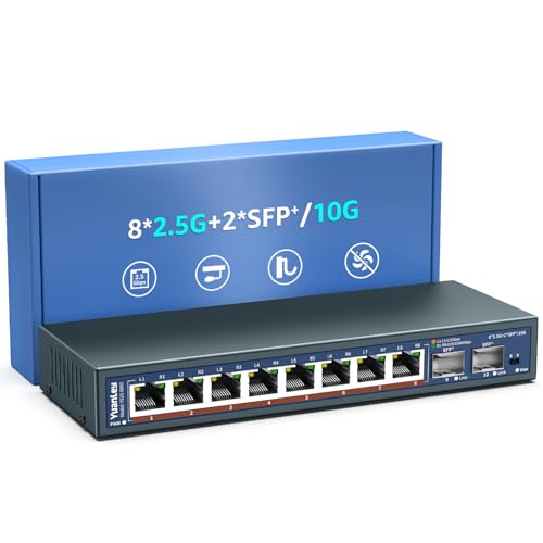 Unmanaged 10 Ports 2.5G Ethernet Switch, 8 Ports 2.5G Base-T, 2 x 10G SFP, Compatible with 100/1000/2500Mbps, Metal, Desk/Wall Mounted, YuanLey 2.5Gbe Network Switch for Wireless AP, NAS, PC